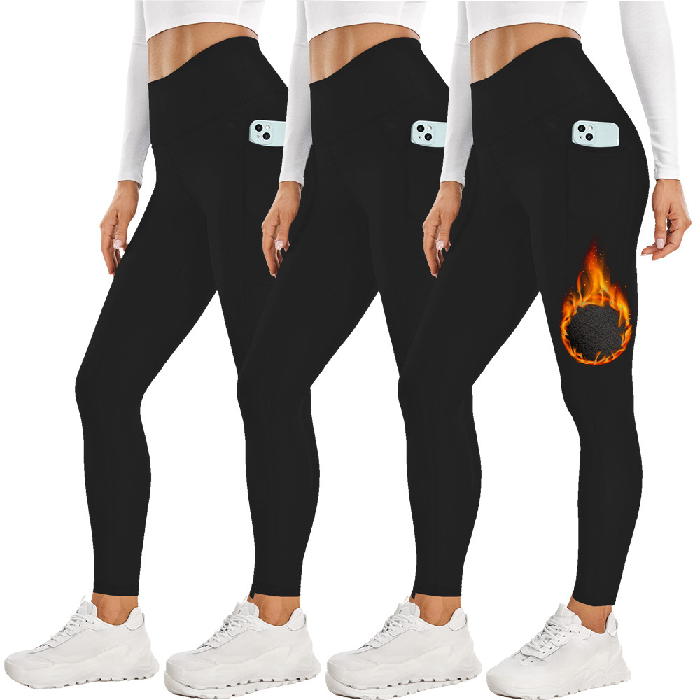 Size L Black Women's Mid Waist Plush Leggings with Pockets - Autumn and Winter Leggings with Pockets โ image 6