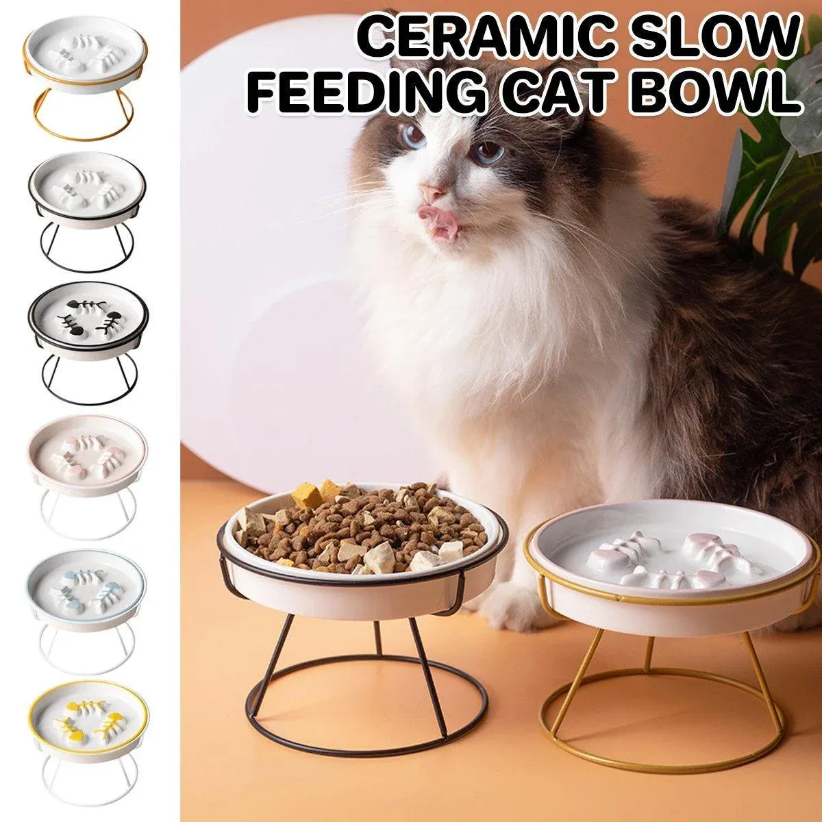 Ceramic Cat Bowl Slow Feeder Pet Food Tray for Cats and Dogs Non Slip Design - Black Bowl-Black Tray Rack — image 2