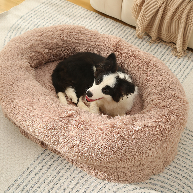 Fluffy Donut-Shaped Pet Bed- Soft, Cozy, and Anti-Anxiety for Dogs and Cats, Machine Washable Beige Brown Size:L 90 × 65 × 20cm