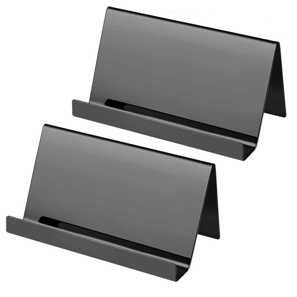 2pcs Business Card Holder, Reflective Stainless Steel Desktop Name Cards Display Stand for Office Desk, Black