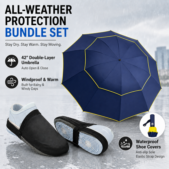 Navy Blue Compact 3-Fold Automatic Golf Umbrella (Dia 42 Inch) + Waterproof Thermal Half Shoe Covers (L Size) with Anti Slip Elastic Strap– Windproof &