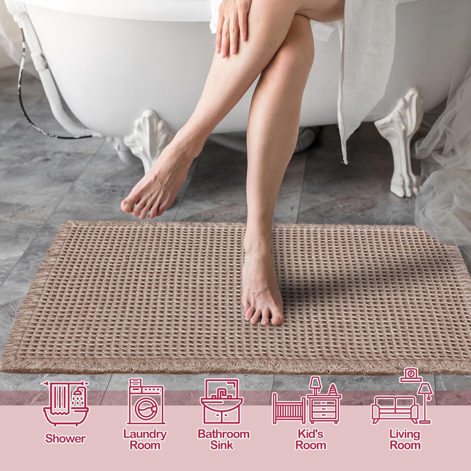 Tan Waffle Bath Mat,Super Absorbent Non Slip Bathroom Rug,Brown 18 × 30inch,Machine Washable Ultra Soft Floor Mats — image 2