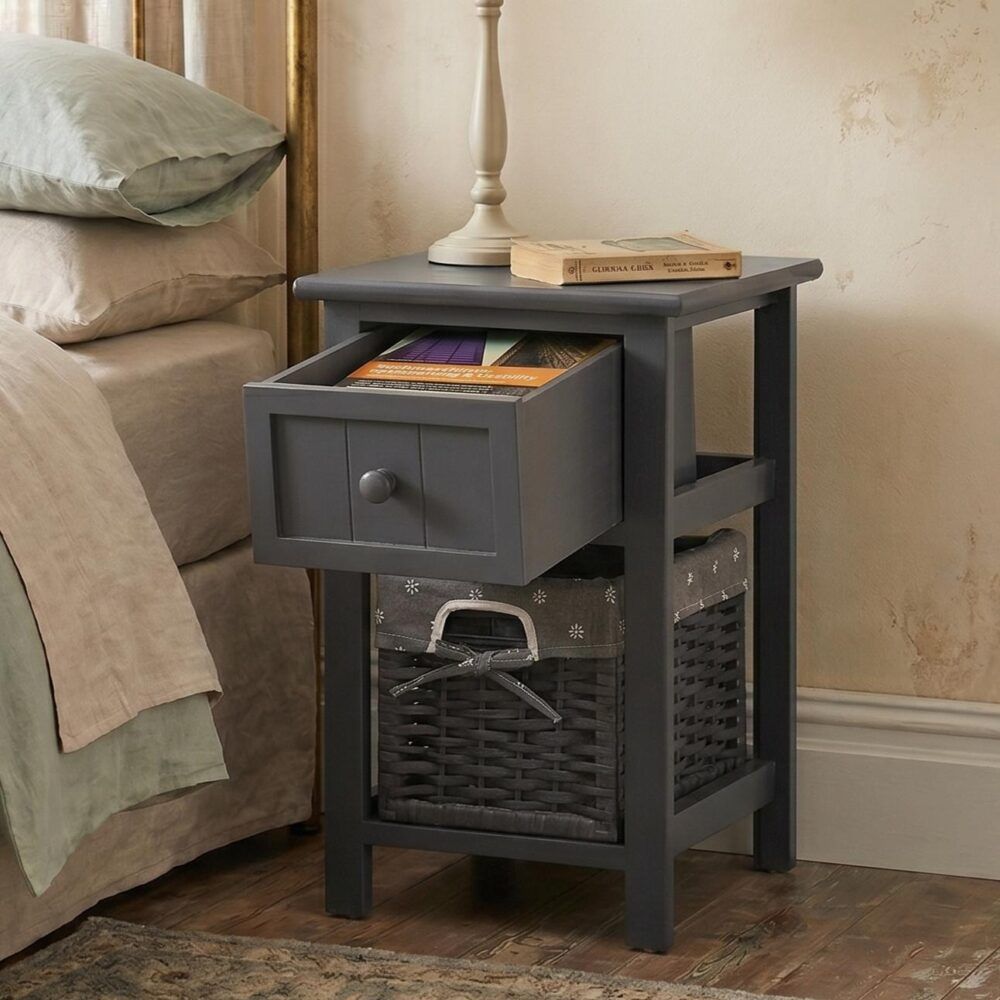 Grey Bedside Table with Wicker Basket — image 2