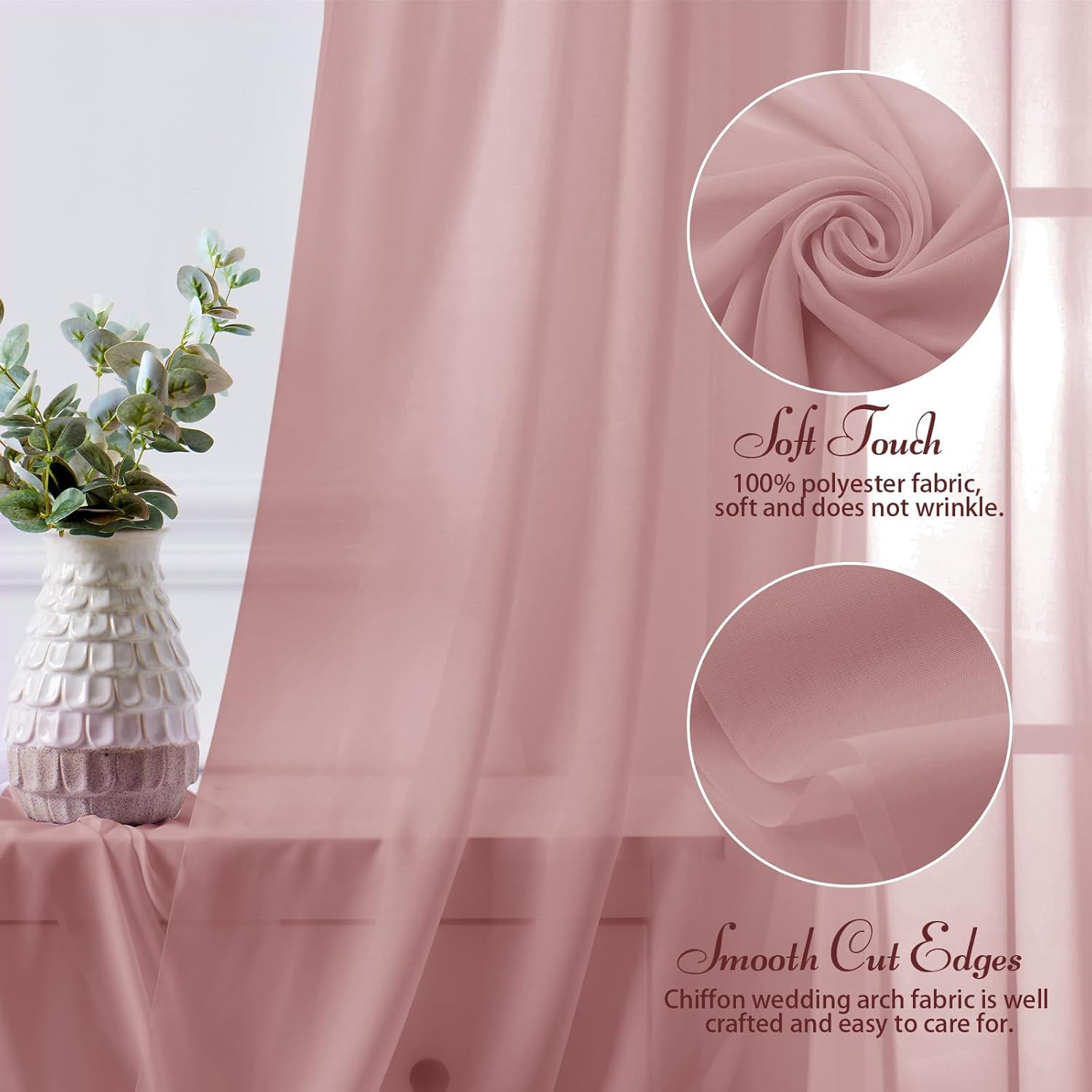 2 Pack Elegant Chiffon Wedding Arch Draping Fabric Panels for Outdoor Ceremony Backdrop and Party Decoration (Dusty Rose) — image 4