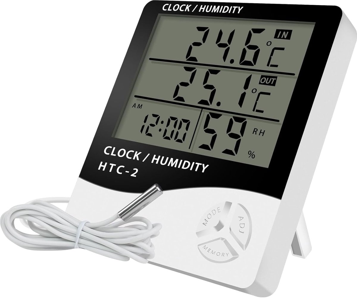HTC-2 Indoor/Outdoor Temperature/Hygrometer - Digital Temperature and Humidity Sensor for Home - Portable with Time Display - Suitable for Temperature and