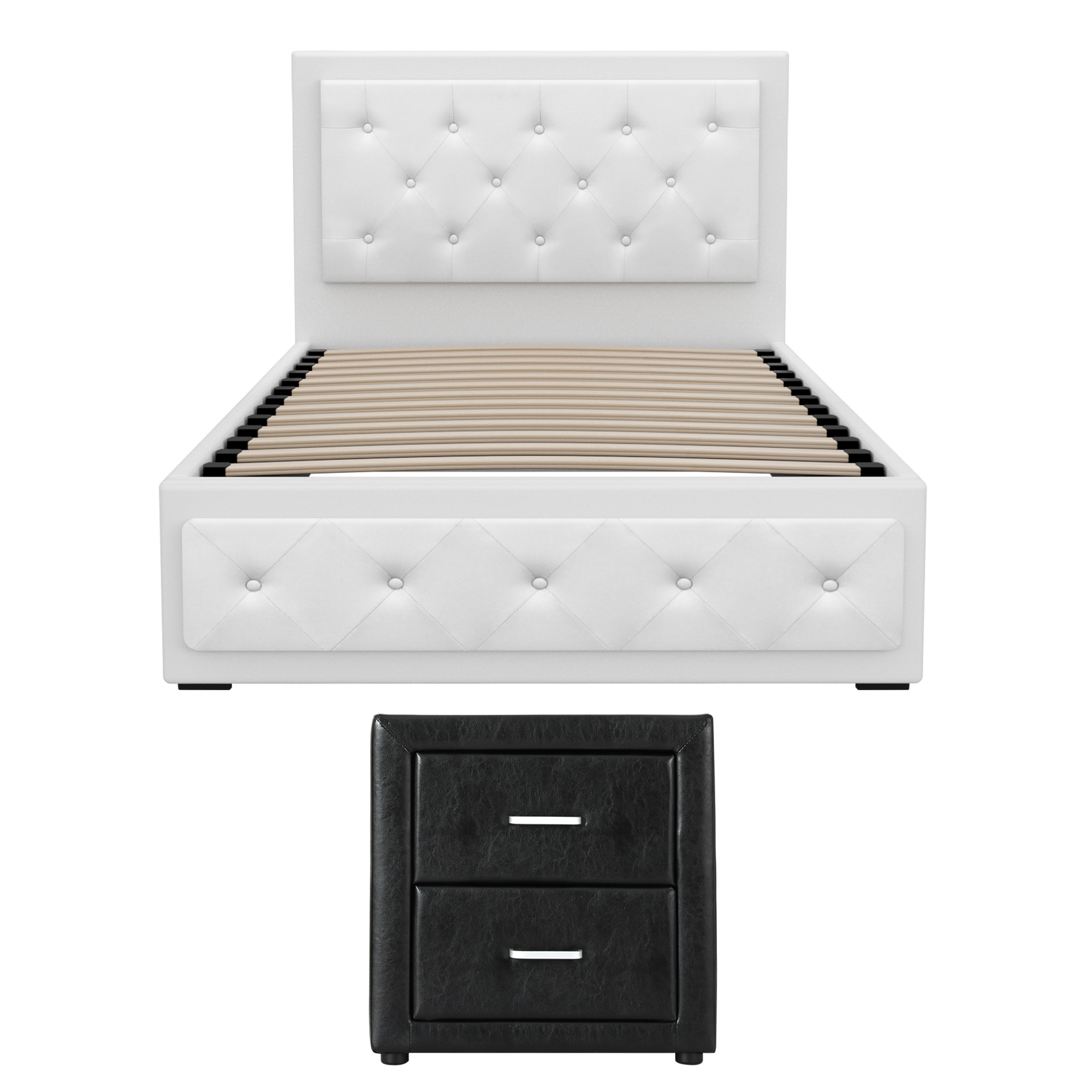 Artiss King Single Bed Frame Storage White Leather Gas Lift Bed Black Bedside Table Set โ image 3
