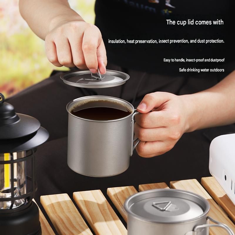 Camping Mug 500ml (16.91oz) with Lid – Ultra Lightweight Titanium Coffee Cup, Foldable Handle Outdoor Water Cup for Camping, Hiking, Travel, Backpacking and — image 3