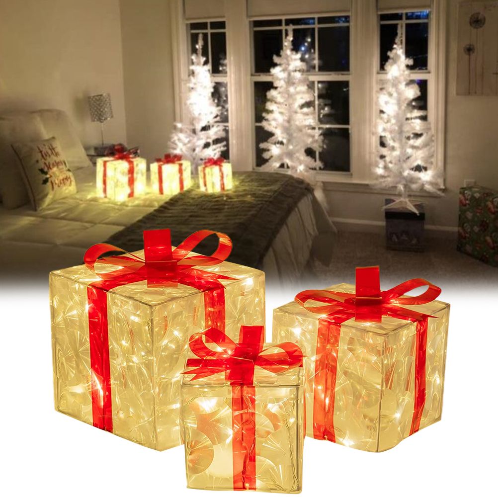 Set of 3 Christmas Lighted Gift Boxes Decorations Transparent Lighted Boxes with Red Bows Christmas Tree Skirt Ornament Xmas Tree Party Holiday Decor โ image 3