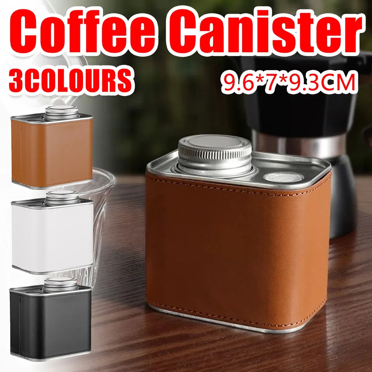 Airtight Coffee Canister Storage Jar Pour Valve Leather 9.6 x 7 x 9.3cm - Black — image 2