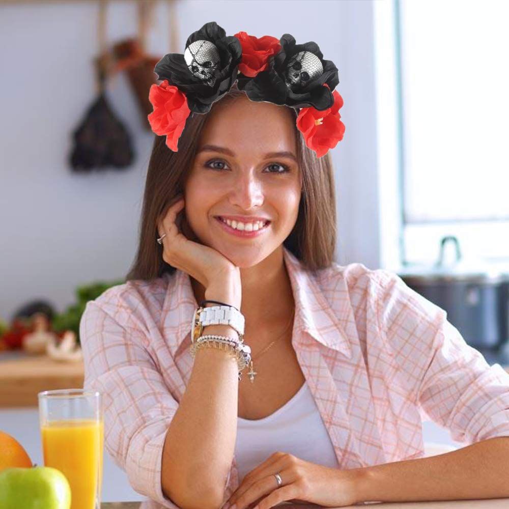 Halloween Rose Skull Headband Flower Crown Hair Bands Wreath Garland Floral Headpiece Women Leaf Hairband Hair Hoops Party — image 3