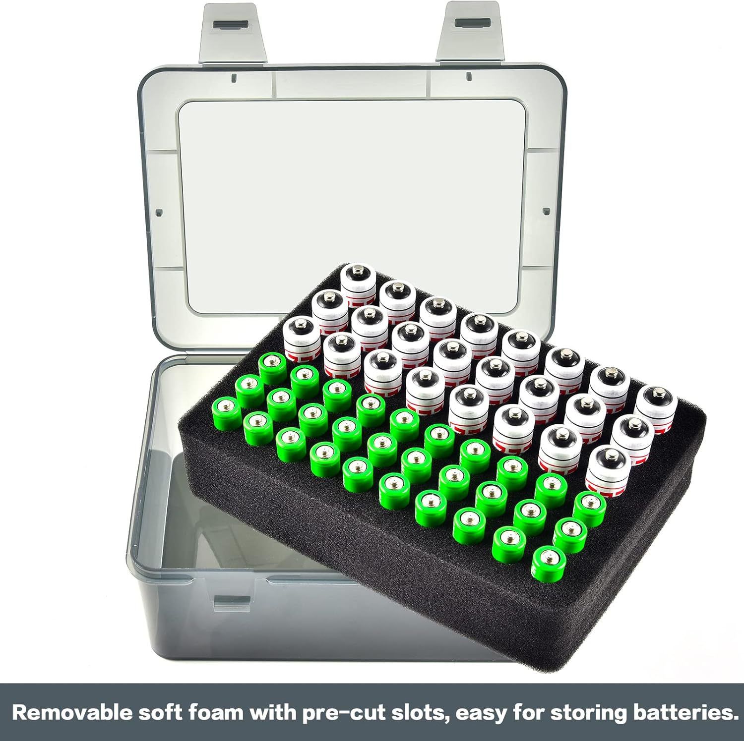 Grey AA/AAA Battery Storage Case 24 AA + 30 AAA Capacity Durable PP Organizer Box with Removable Foam Dustproof Portable Protective Battery Holder โ image 6