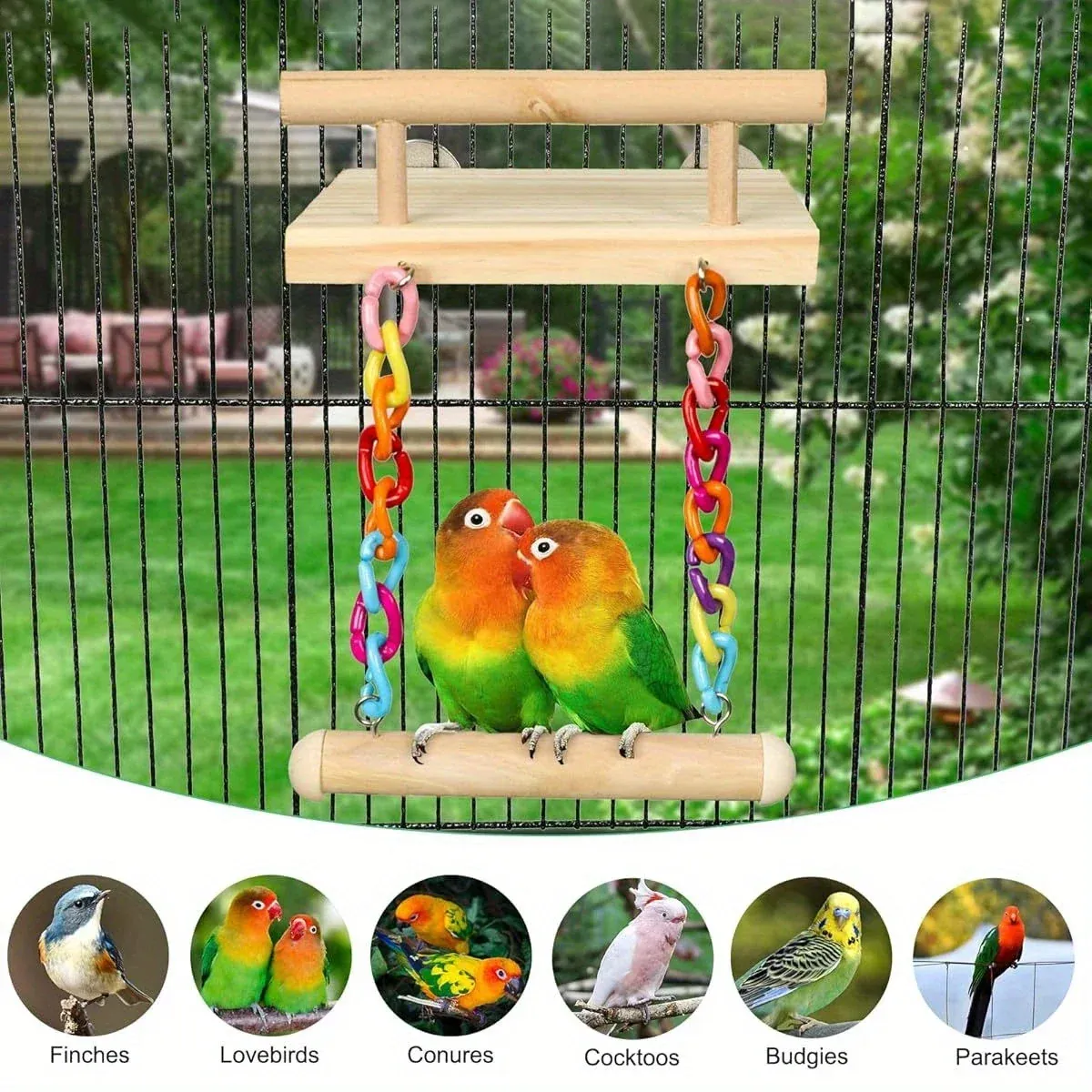 Bird Swing Parrot Cage Toy Wooden Swing with Beads and Bells Hanging Play - Chain Swing โ image 5