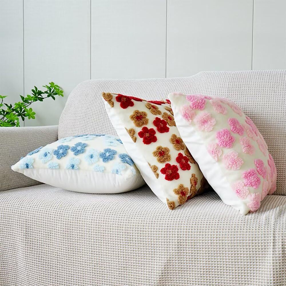 Red and Brown Charming 3D Floral Plush Cushion Covers - Set of 4, 45x45cm Soft Faux Lambswool Pillowcases for Sofa & Bed Decor โ image 3
