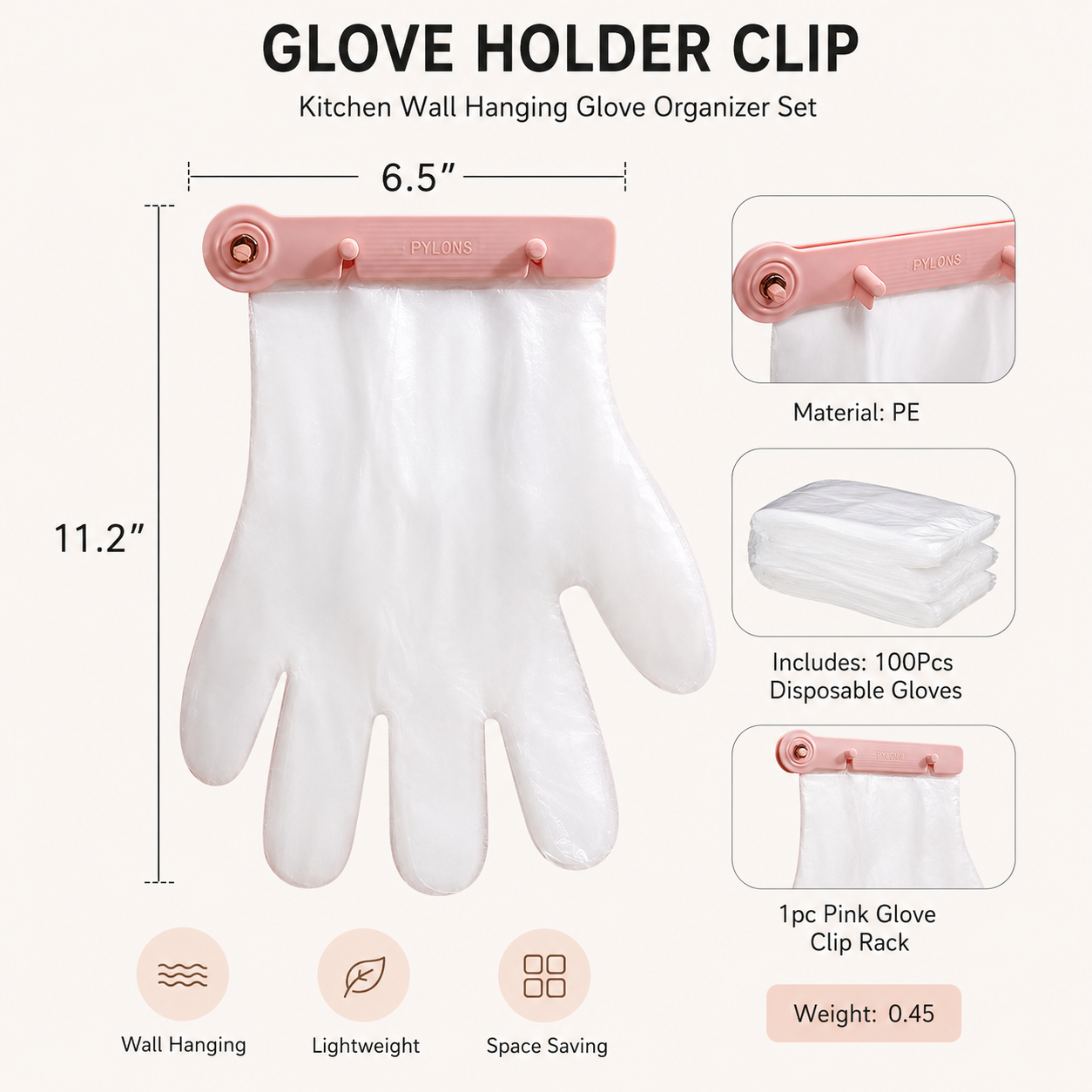 Kitchen Wall Hanging Glove Organizer Set, 100Pcs Lazy Disposable Gloves with 1pc Pink Glove Clip Rack for Restaurant, Hotel, Household Cleaning — image 2