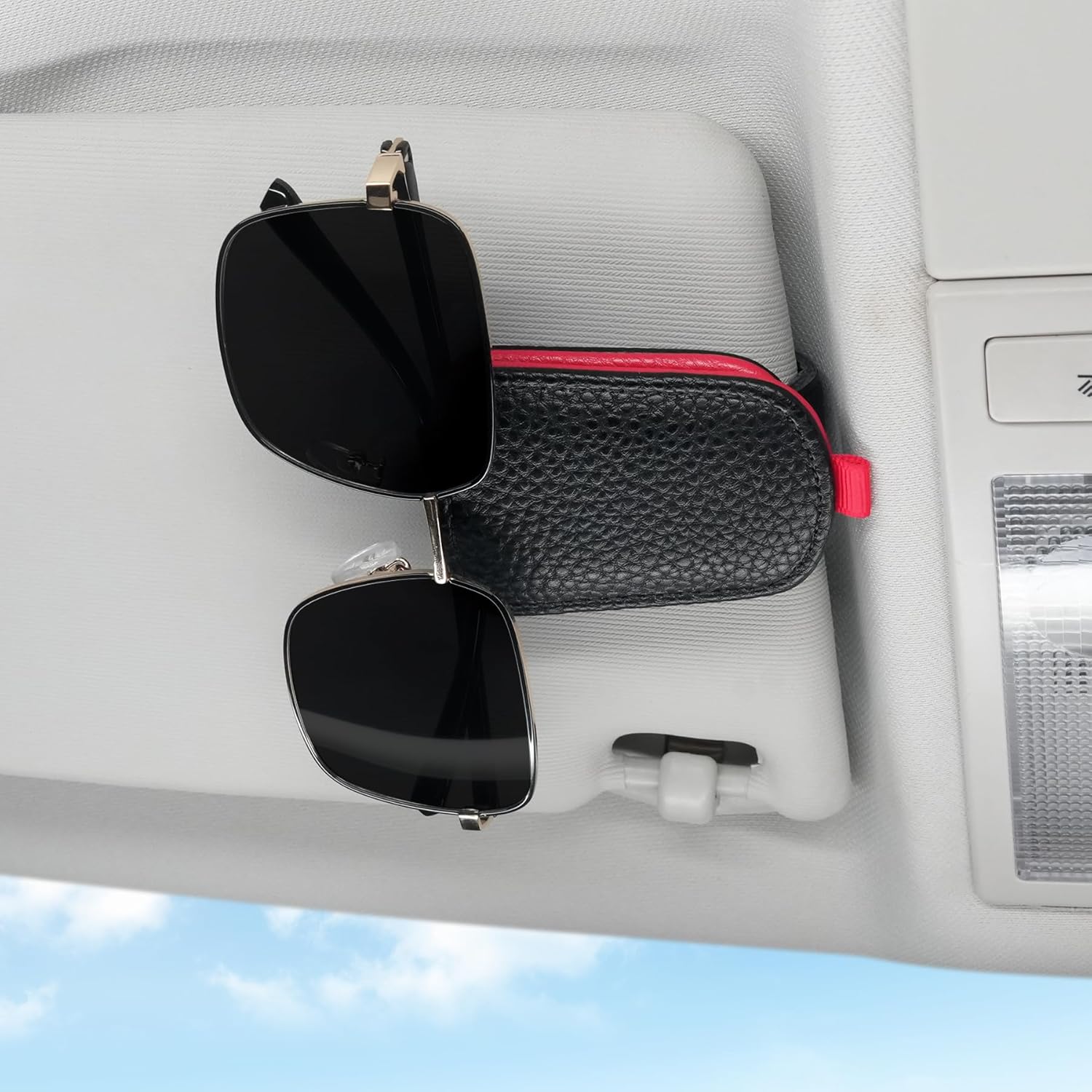 Sunglasses Holder for Car, Leather Magnetic Buckle Sun Visor Sunglass Clip, Ticket Card Storage Glasses Car Interior Accessories Men and Women(Black-red) — image 3
