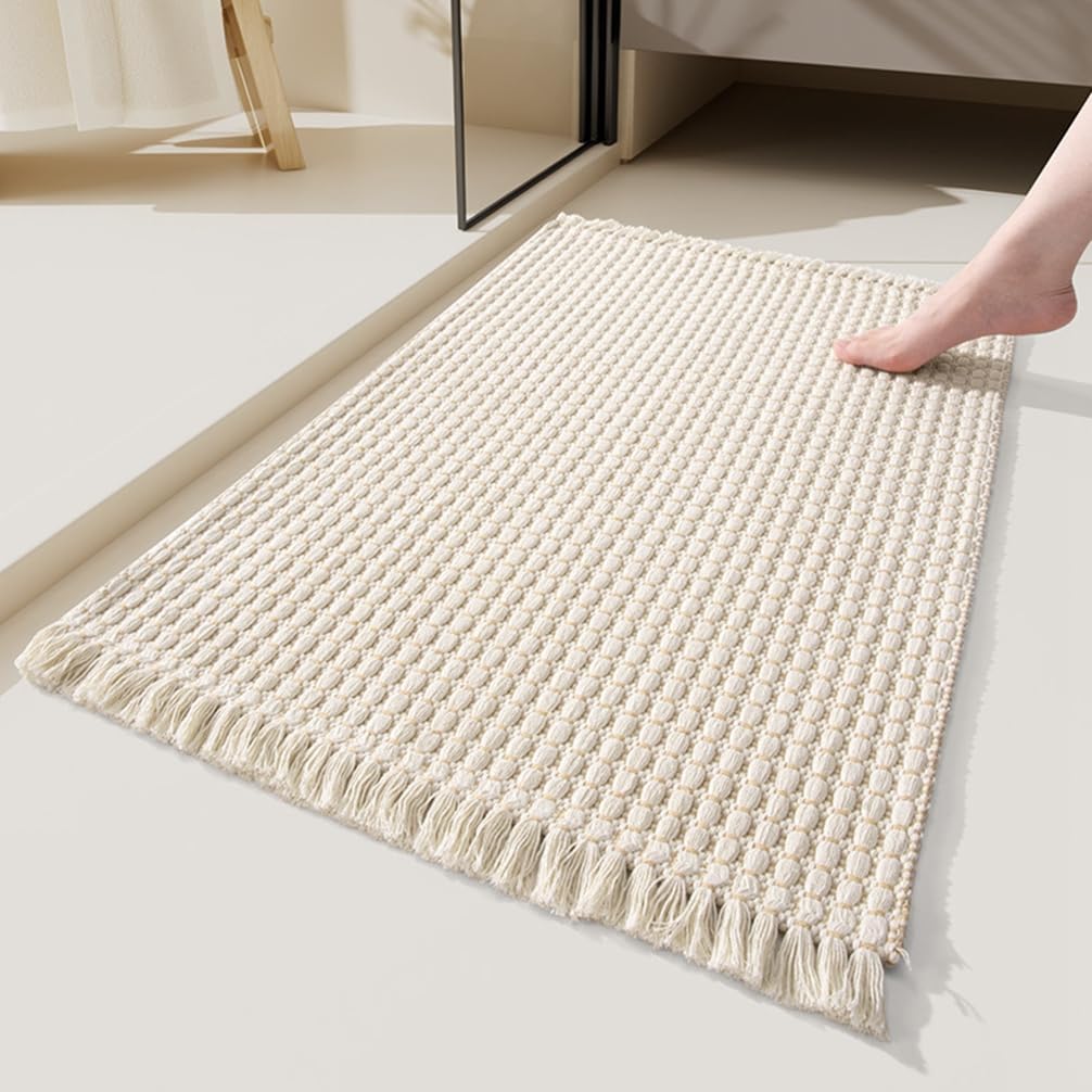 Soft Microfiber Farmhouse Bathroom Rug Washable Kitchen Mats Woven Non Slip Small Bath Mat with Pure Tassels,Tufted Braided Bath Rug for Entryway Doormat