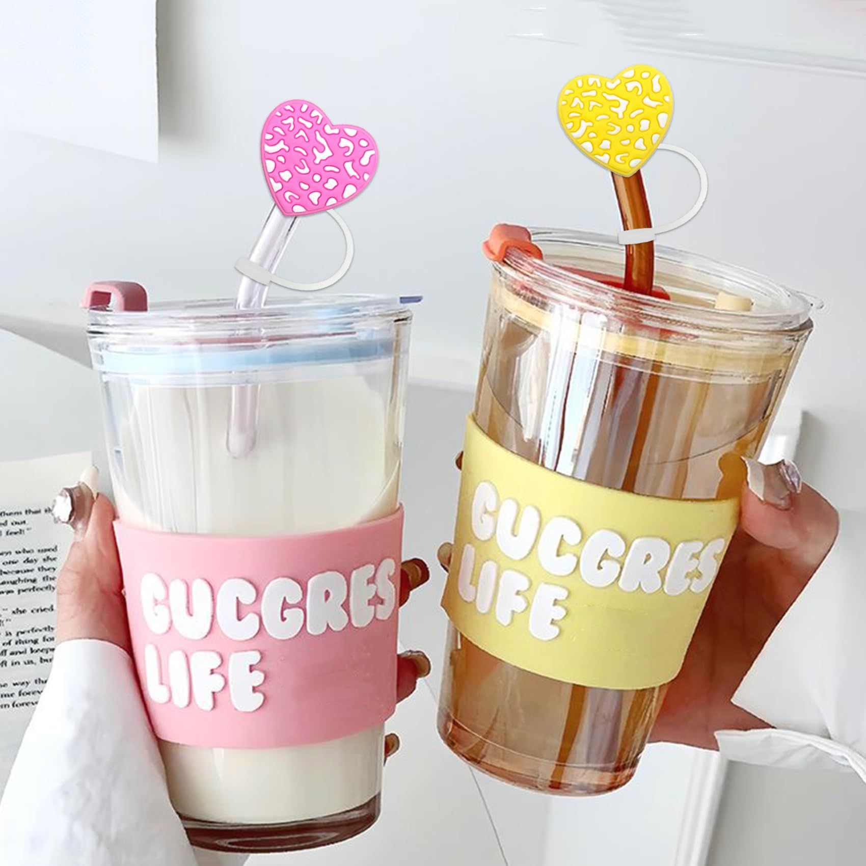 Cover for Tumbler,10mm Pink Straw Topper,Leopard Heart Straw Cover Cap for Cup Accessories Cute Love Straw Cover for Cup — image 2