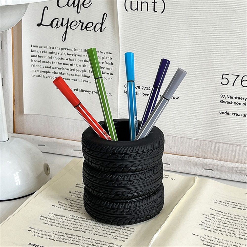 Tire Shaped Pen Holder for Desk, Novelty Office Decor, Tabletop Pencil Holder, Black Pen Organizer with Base, car enthusiasts Mechanic Present โ image 5