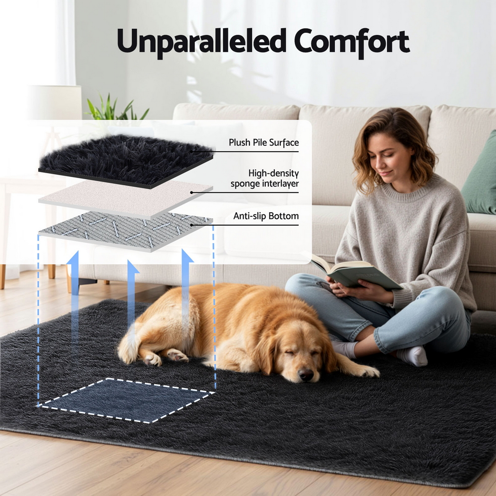 Artiss Floor Rug 140x200cm Plush Area Shaggy Rug Living Room Bedroom Carpet Black — image 4