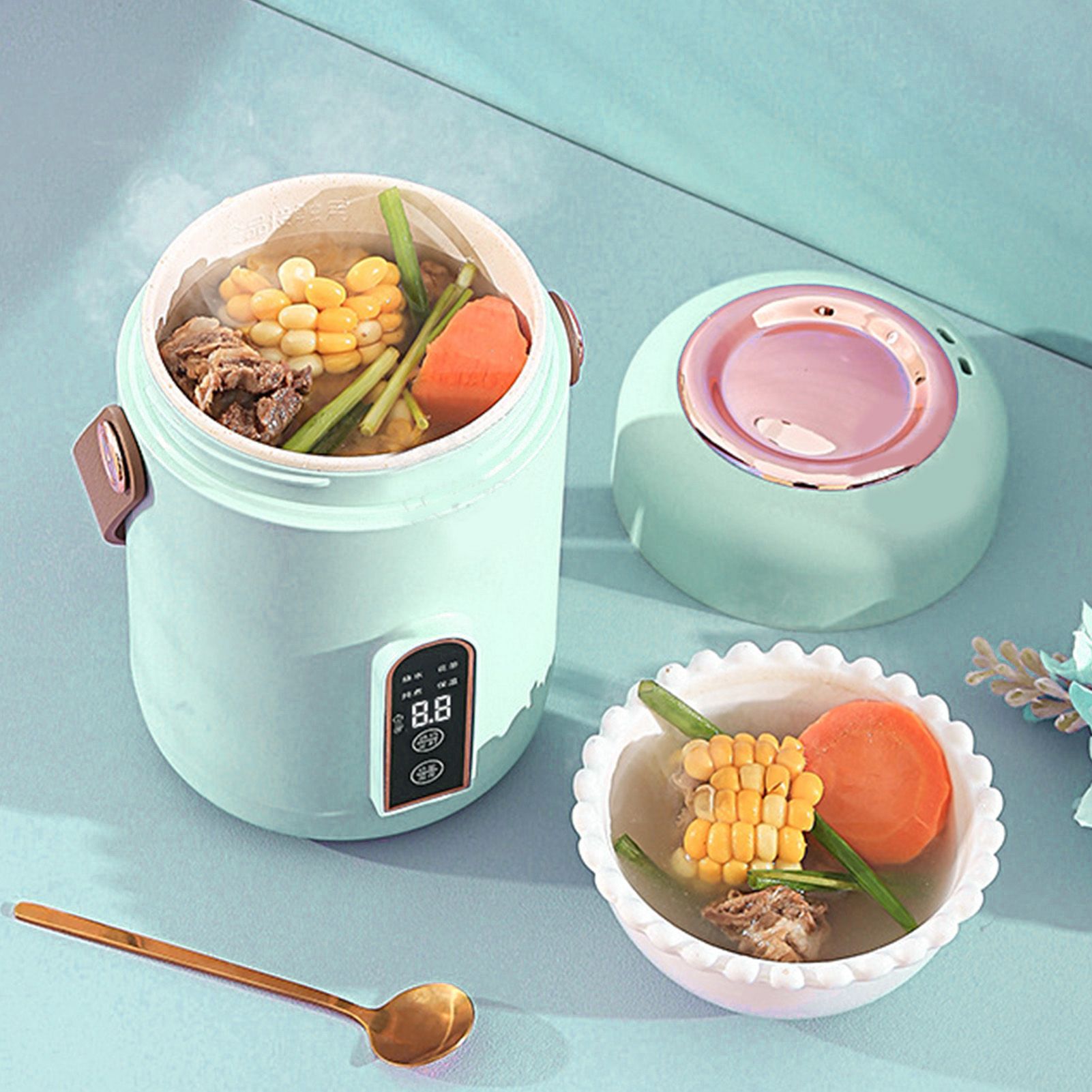 Mini Rice Cooker Efficient Heating Insulated Portable Multifunction Soup Porridge Stewpot for Home Office Dorm Green — image 5