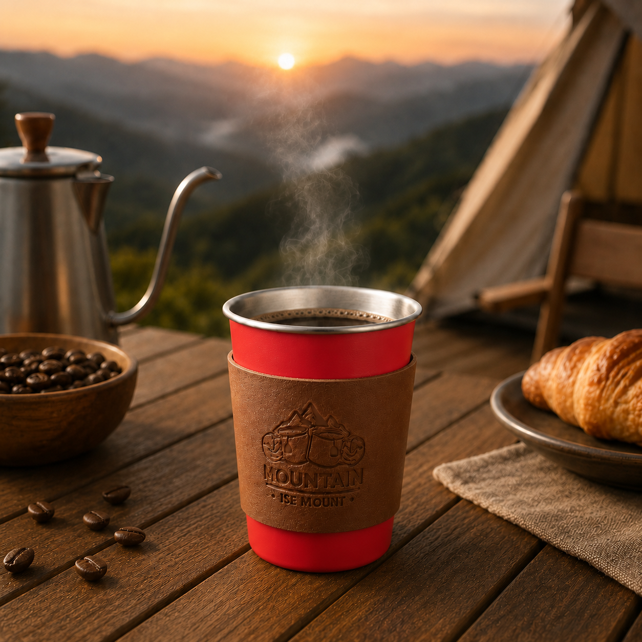 Red 304 Stainless Steel Camping Coffee Cup with Leather Sleeve – 350ml Portable Outdoor Drinking Cup, Beer Cup, Travel Mug for Camping, Hiking, Picnic and — image 2