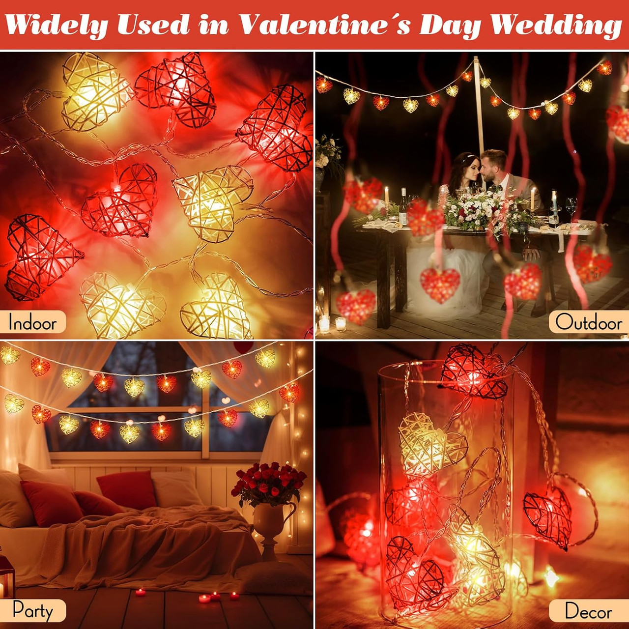 20 Red and White 3D Hollowed Rattan Heart-Shaped 3M String Fairy Lights, Battery (AA) Indoor & Outdoor Decorations Wedding Valentines Romantic Room โ image 2