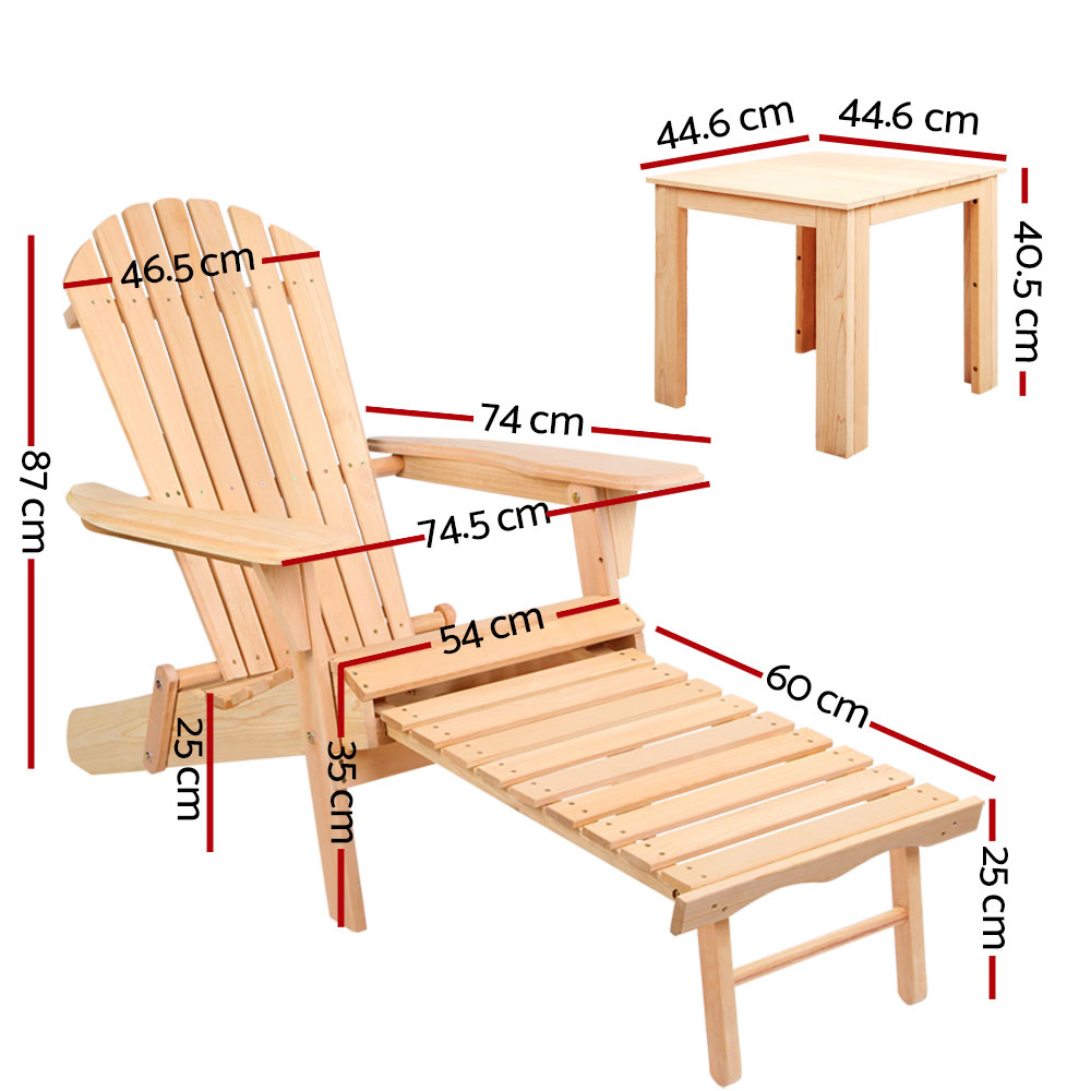 Gardeon 3PC Adirondack Outdoor Table and Chairs? Wooden Sun Lounge Beach Patio Natural — image 2