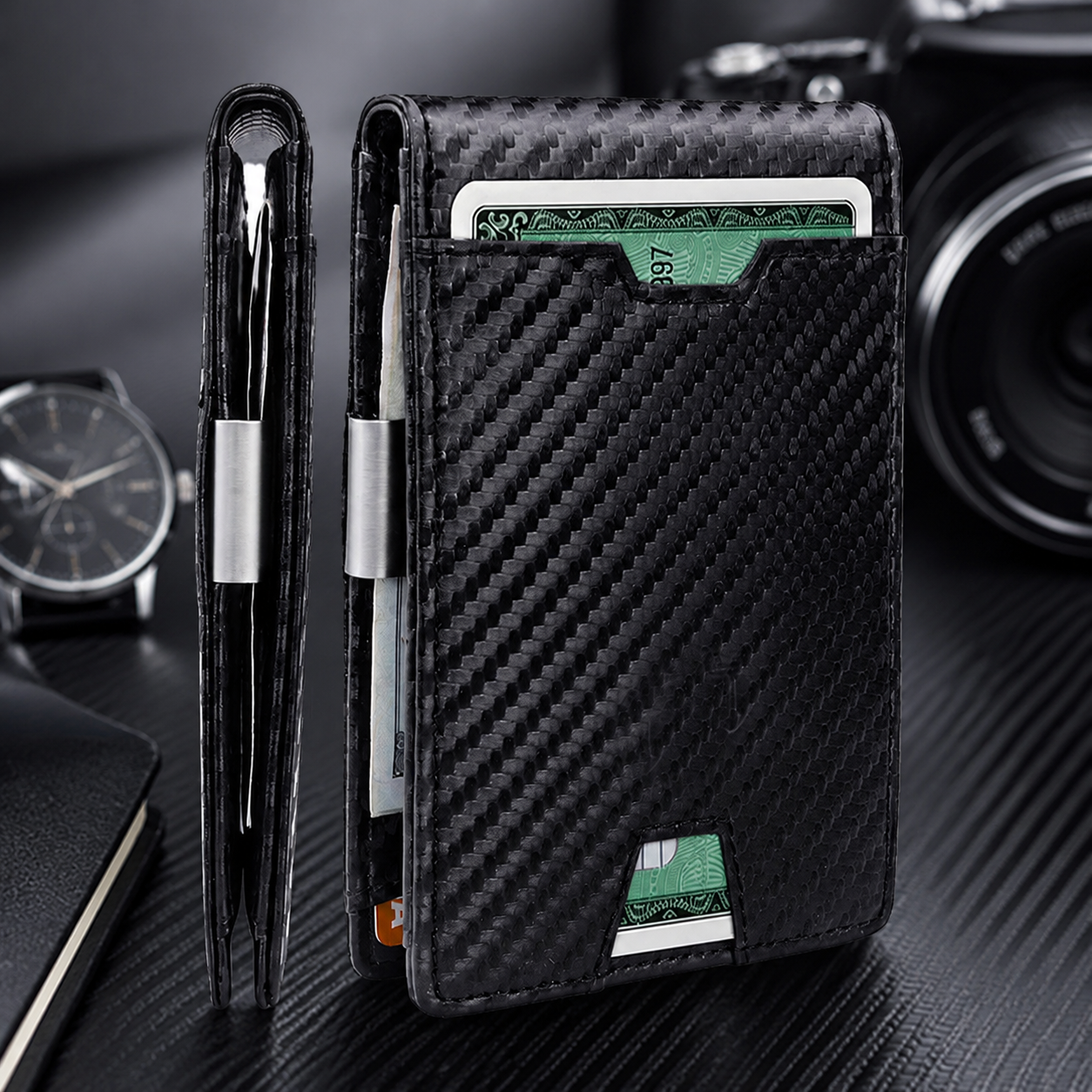 Men's Slim RFID Blocking Bifold Wallet - Synthetic Leather, Carbon Fibre Style, Money Clip, Minimalist Card and Cash Holder for Everyday Carry — image 3