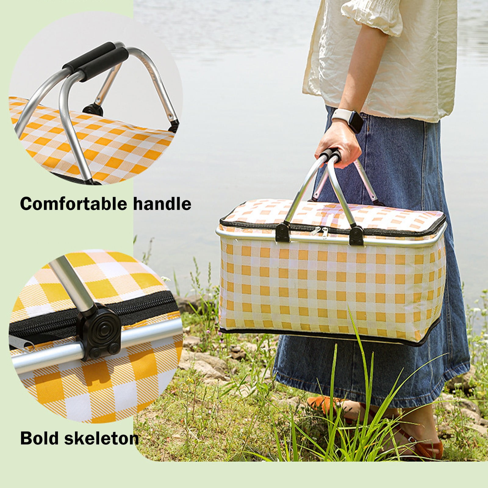 Picnic Basket, Collapsible Shopping Basket with Lid Large Market Basket with Handles Reusable Folding Grocery Basket Insulated Cooler Bag for Picnic Travel — image 6