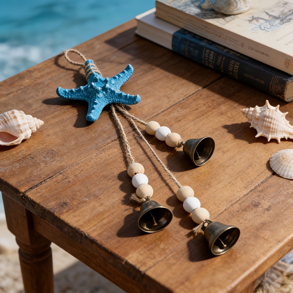 1pc Coastal Resin Starfish Wind Chime with Bells, Nautical Beach Decor for Home, Patio, Porch, Blue Starfish with Wooden Beads & Rustic Metal Bells, Ocean โ image 2