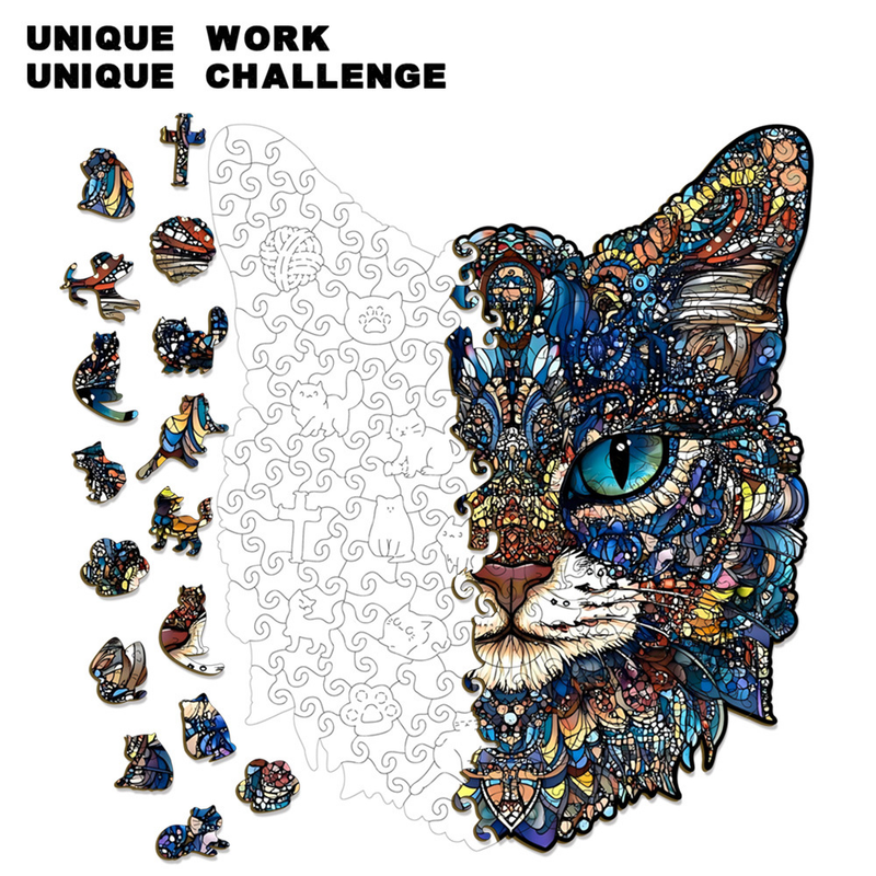 M Style Blue-Eyed Cat Wooden Jigsaw Puzzle -Irregular Animal Shaped Puzzle, Laser Cut 3D Craft, Stress Relief Brain Game Gift for Adults 14+ — image 2