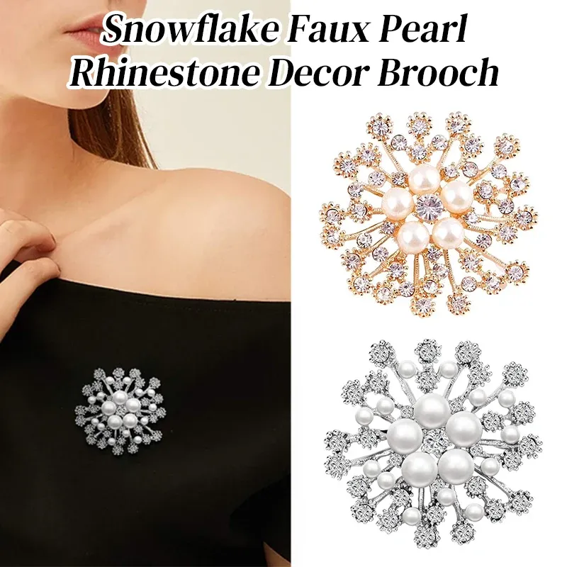 Snowflake Imitation Pearl Brooch Rhinestone Metal Alloy Pin For Coats Dresses - Sliver β image 2