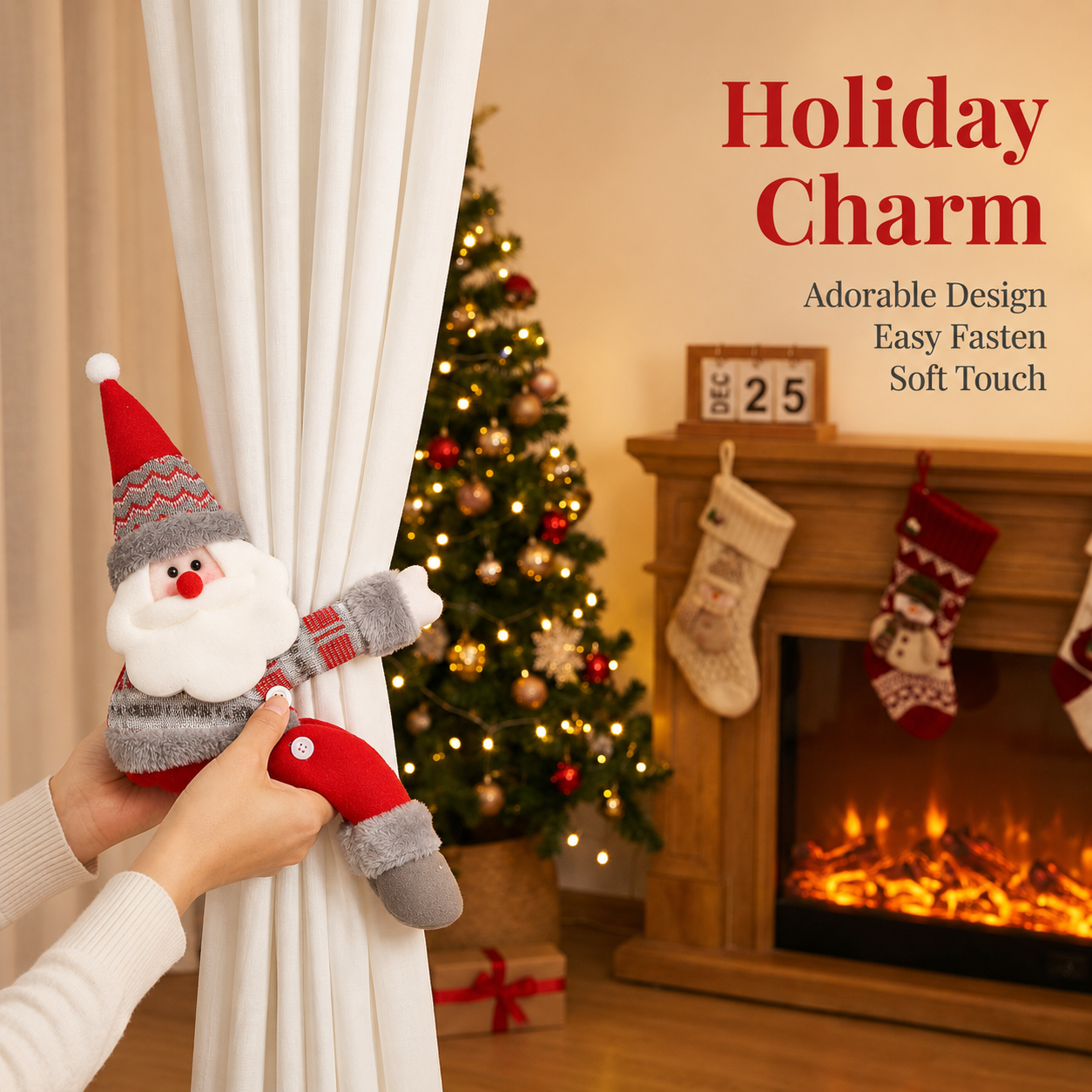 Santa Claus Christmas Curtain Tiebacks, Large Plush Doll Holdbacks - Curtain Festival Charm for Christmas in July, Winter Christmas, Yulefest, Secret Santa