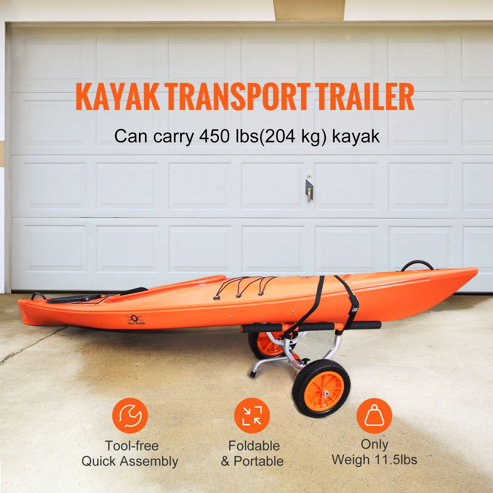 Adjustable Kayak Cart Canoe Boat Carrier 450lbs Load with 12'' Solid Tires — image 2
