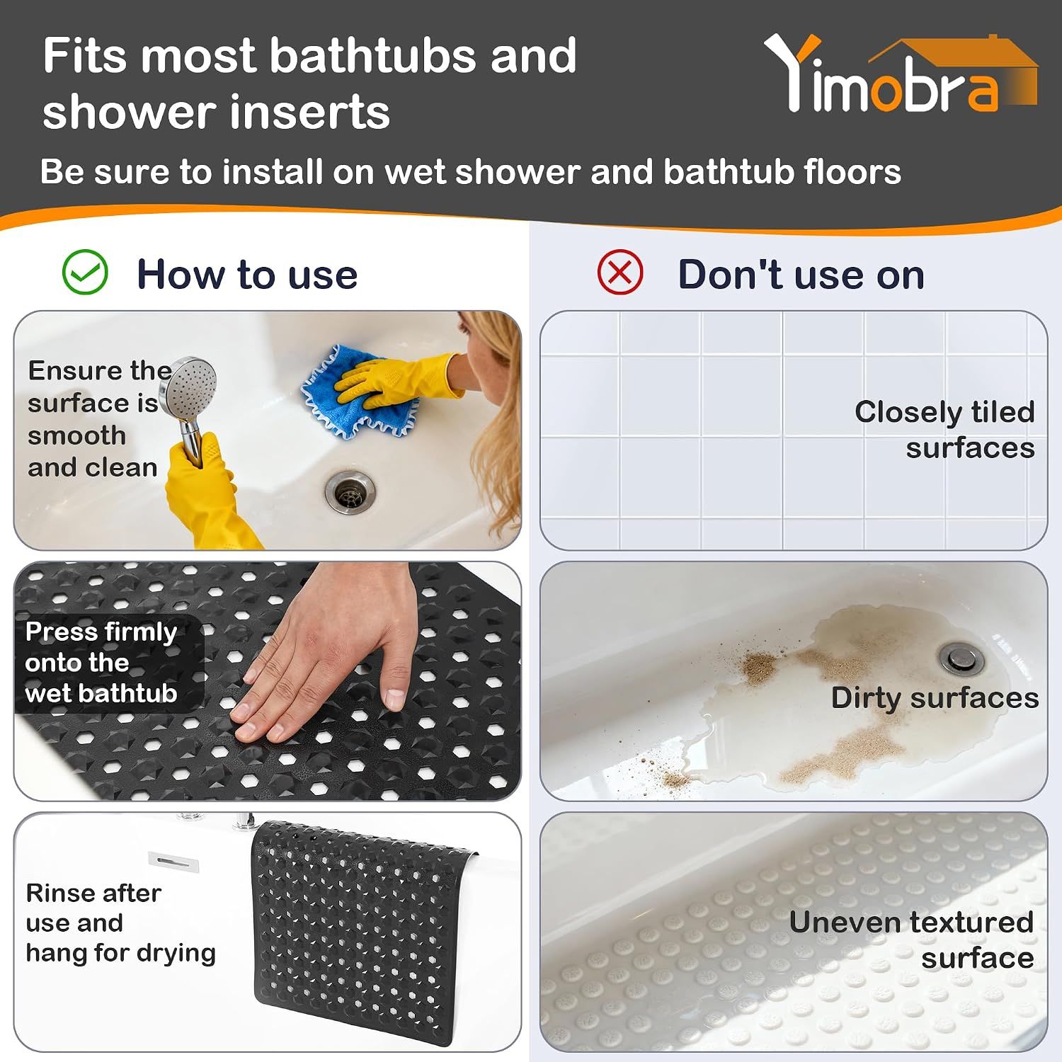 Non-Slip Bathtub Mat with Drain Holes and Strong Suction Cups, Machine-Washable Shower Mat for Inside Tubs, Black, 87.6 × 39 cm — image 4