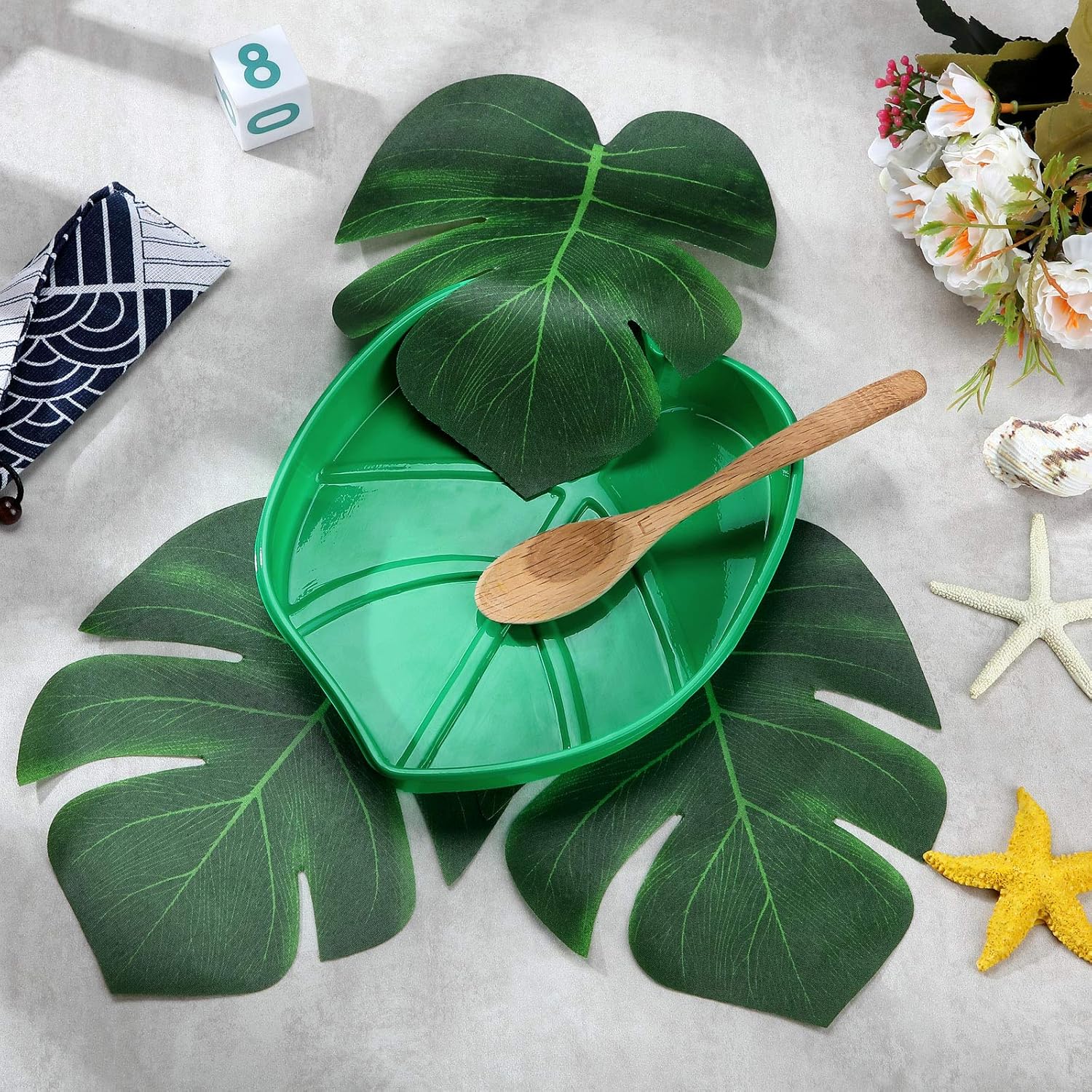 12 Set Palm Leaf Snack Tray Hawaii Reusable Food Tray with Tropical Imitation Green Plant Leaves, Cookies Chips, Candy Dip, for Jungle Island Luau Party — image 6