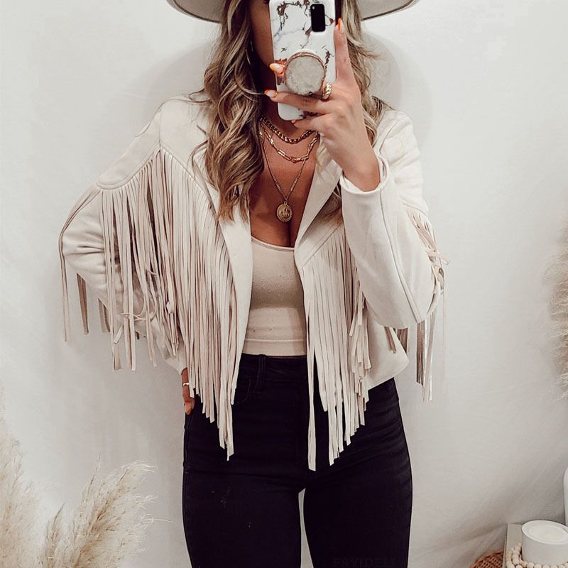 Women Suede Jacket Lapel Tassel Short SU2674 Beige Size: L; Height (cm): 165-170; Weight (kg): 55-60; Bust (cm): 90-94; Waist (cm): 74-78; Shoulder width (cm) — image 4