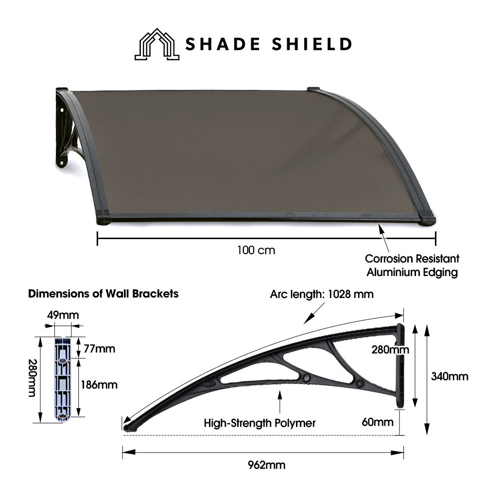 SHADE SHIELD 1 × 1m Aluminium Exterior Awning, Black DIY External UV Rain Protection Grey Tinted Polycarbonate Canopy Cover — image 2