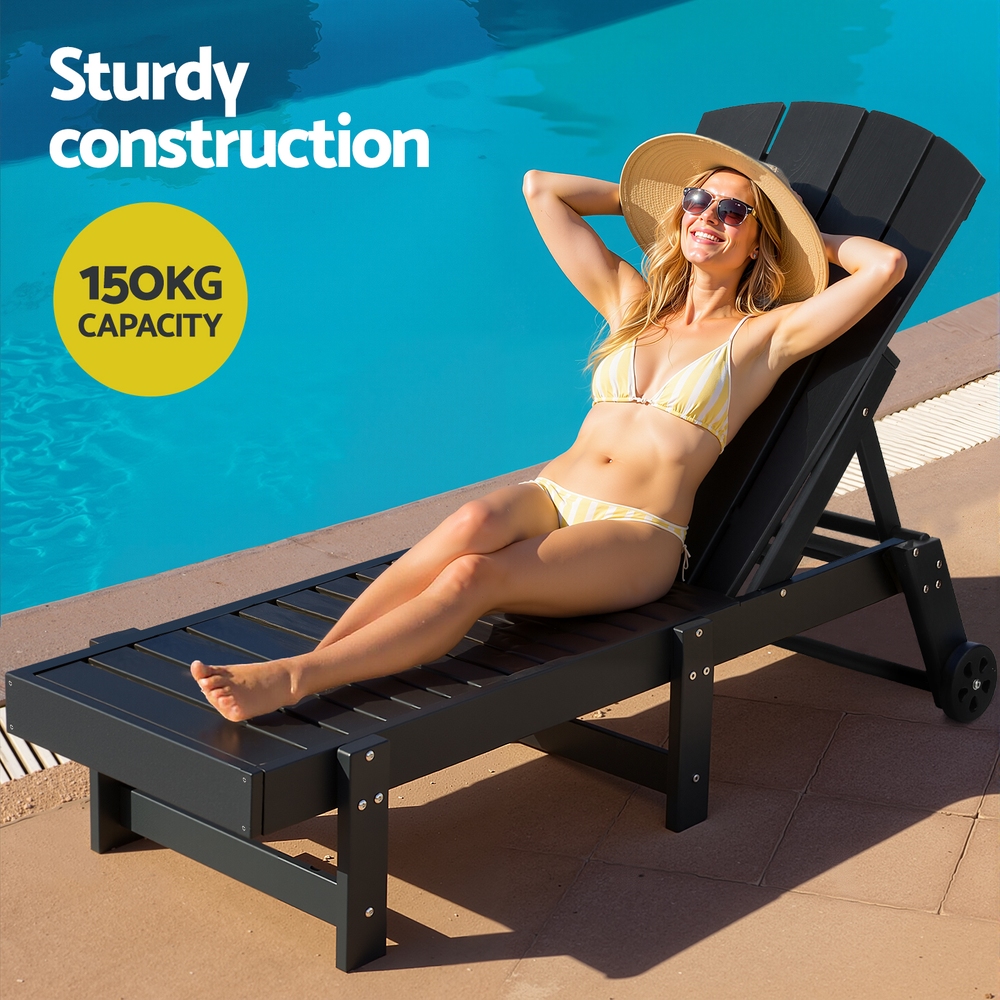 Gardeon Sun Lounge Lounger Table and Chairs Beach Chair HDPE Patio Outdoor Furniture Wheels Black โ image 6