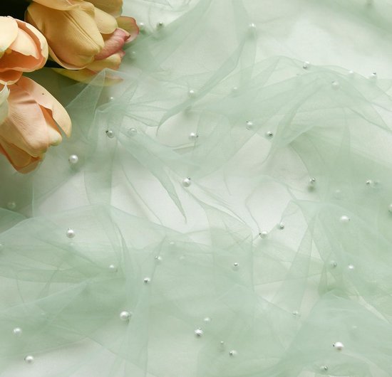 Light Green Table Veil with White Pearls - Silky Gauze 30 × 120 Inches - For Weddings, Parties & Table Decorations — image 6