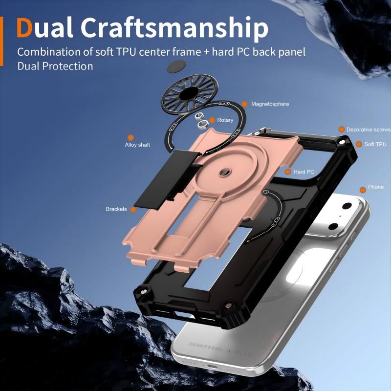 Armor Heavy Duty Magnetic Rotating Ring Kickstand Phone Case For iPhone 16 Pro, Anti-Drop Protective Cover In RoseGold โ image 5