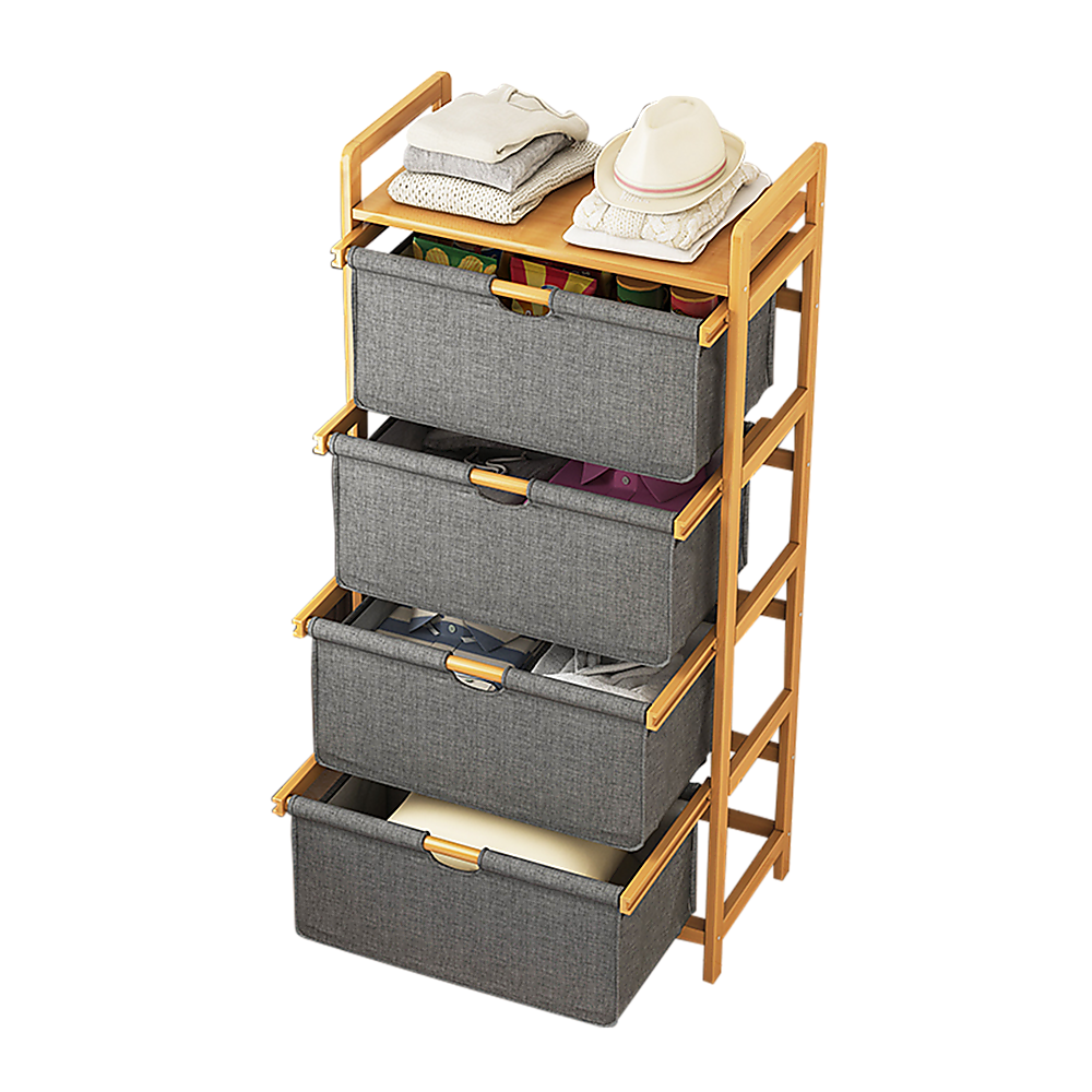 Bamboo Shelf with Storage Hamper – Wooden Organiser with 4 Laundry Bags — image 4
