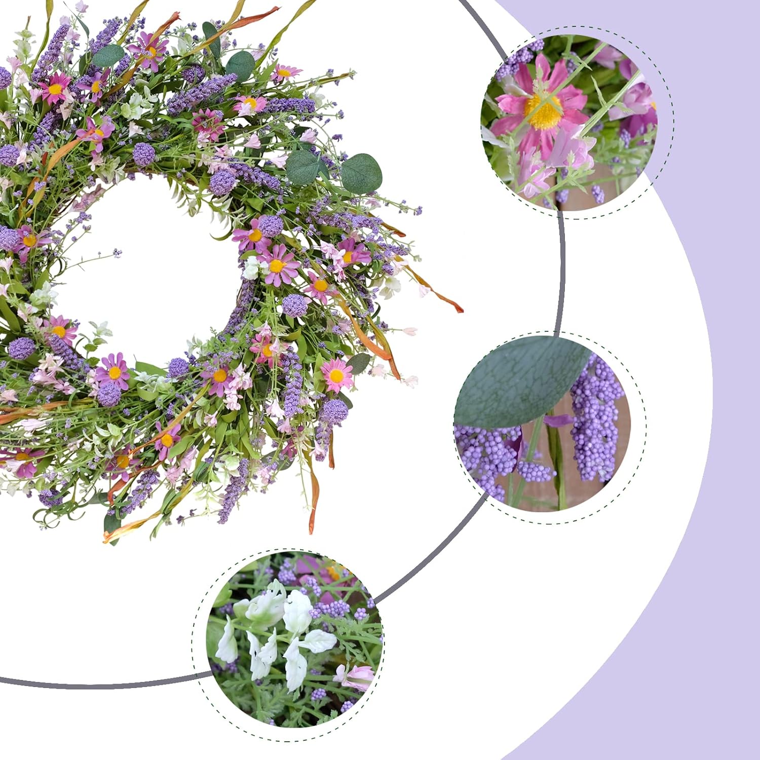 24 Inch Spring and Everyday Greenery Wild Flower Wreath for Front Door, Mixed Green Leaves and Flower Wreath for Indoor and Outdoor Use, Everyday Home Decor — image 2