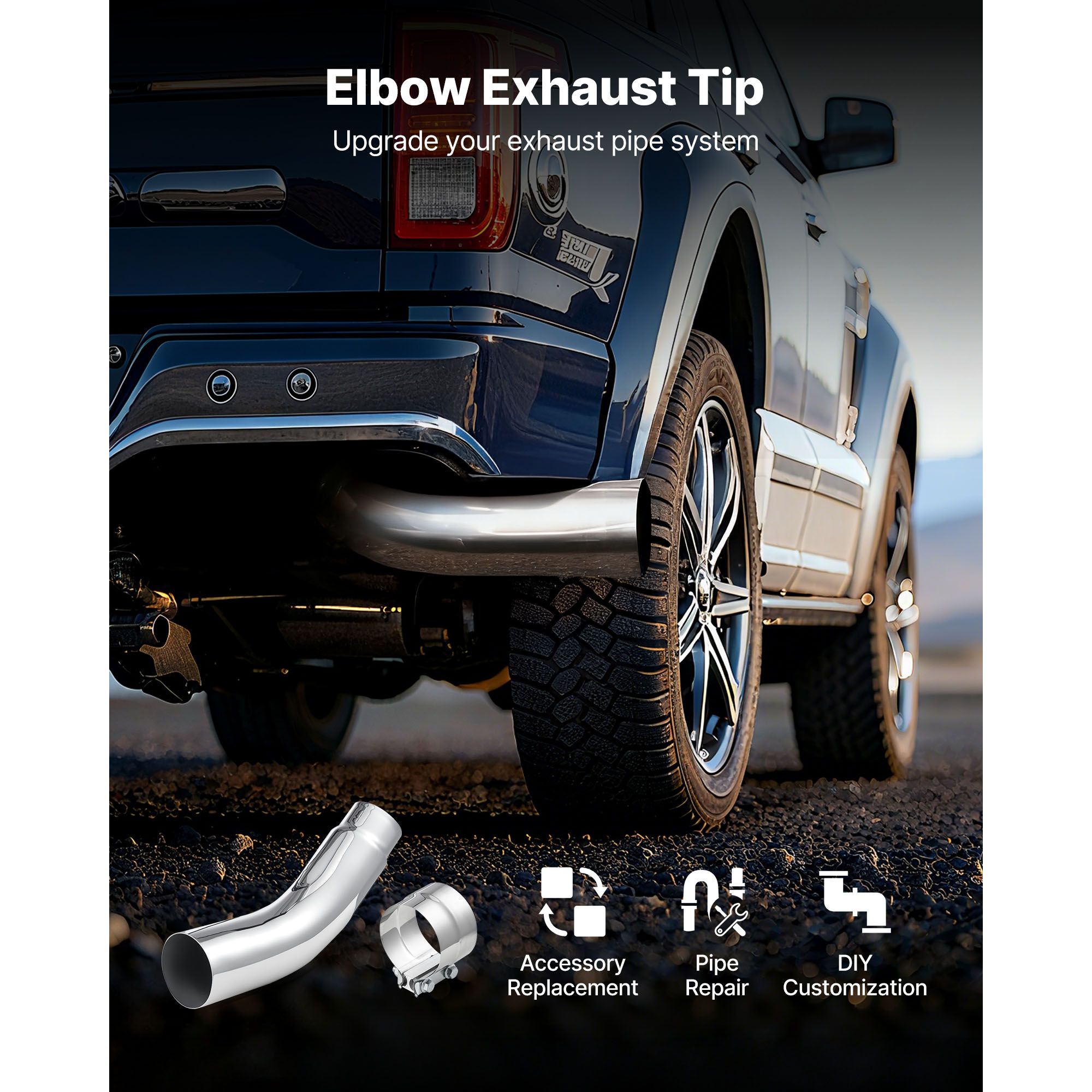 Elbow Exhaust Tip, 127mm Inlet, 152.4mm Outlet, 584mm Overall Length, Chrome Turn Down Exhaust Tip with Clamp for Truck, Sedan, Sports Car, SUV, Chrome — image 2