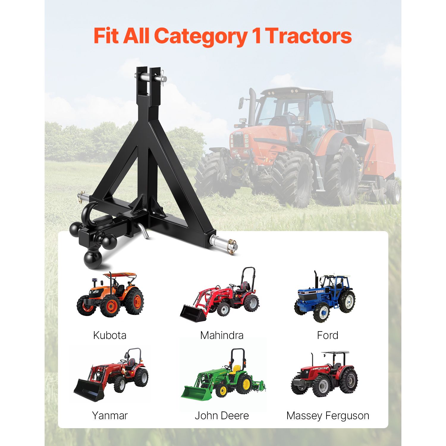 3 Point Trailer Hitch 2 in Receiver, 3pt Quick Hitch Attachment with 3 Trailer Balls, Tractor Tow Drawbar Adapter, Compatible with Kubota, Mahindra, Ford โ image 2