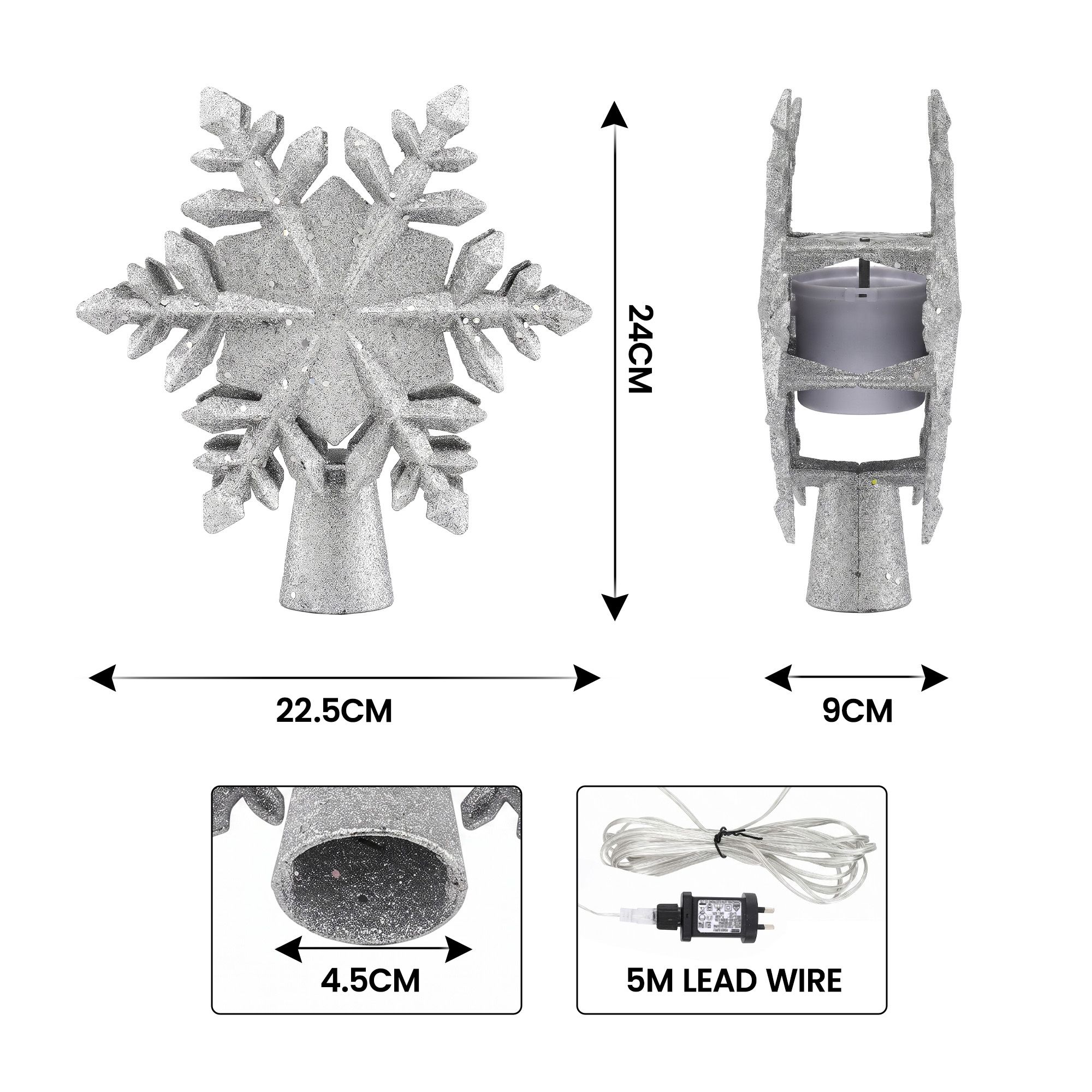 Jingle Jollys Christmas Tree Topper Lighted 360° Rotating Snowflake Projector Silver Glitter — image 2