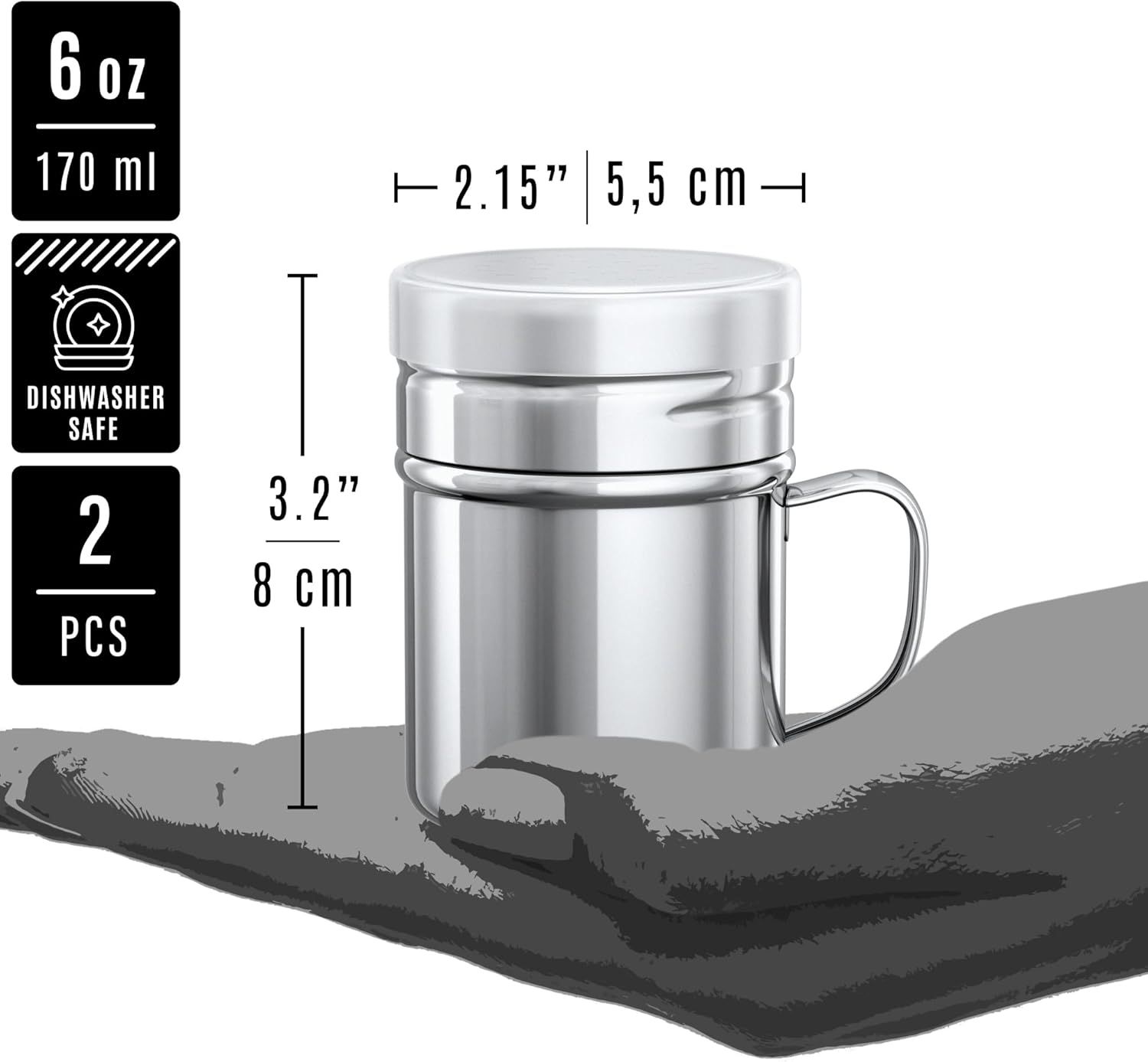 [1-pc] 6 oz Powdered Sugar Shaker Duster + [2-pcs] 6 oz Stainless Steel Salt Pepper Dredge Shakers - All with Plastic Caps and Handles Bundle — image 4