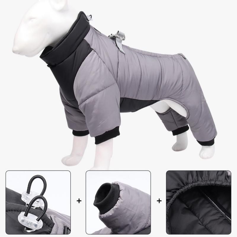 M Size Grey Winter Waterproof Dog 4 Leg Jumpsuit for Full Body Warmth - Reflective Windproof Pet Puffer Coat with Integrated Harness — image 3