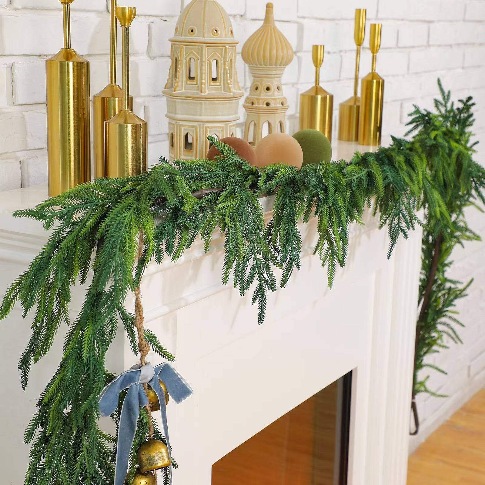 Artificial Norfolk Pine Garland, Real Touch Soft PVC Pine Needle Swag, Fake Cypress Greenery Vine for Christmas Fireplace Mantel Home Xmas Decor