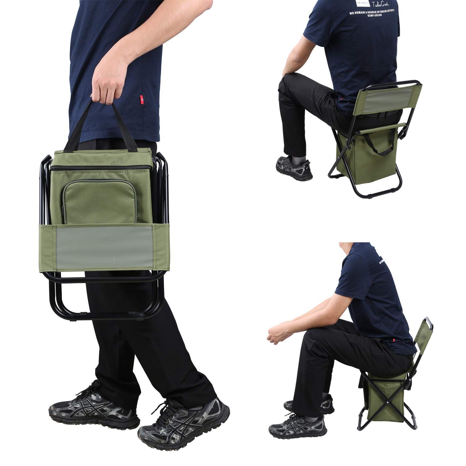 Outdoor three in one leisure camping and fishing chairs Fishing Chair with Cooler Bag Foldable Compact Fishing Stool,Green — image 4